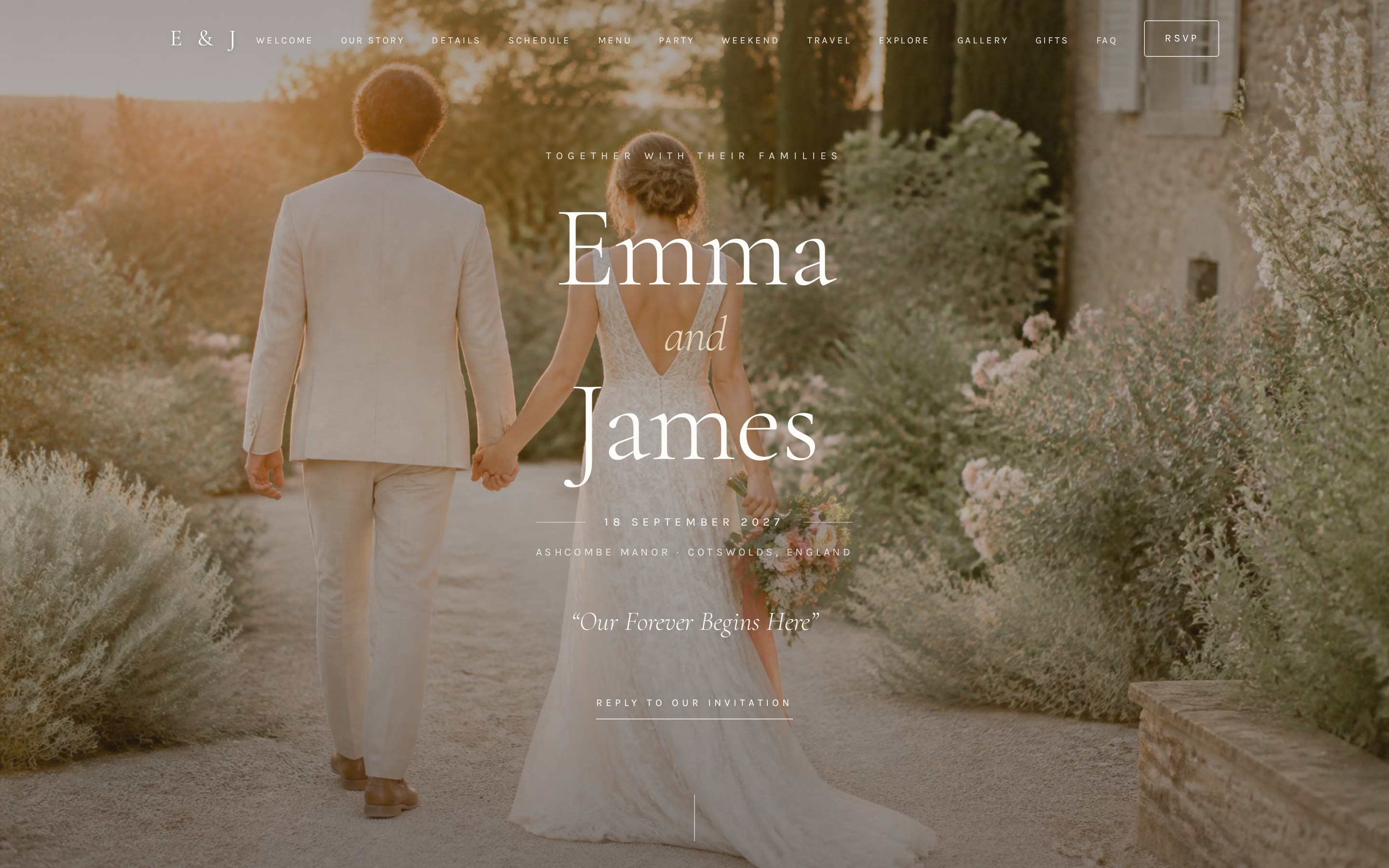 A RoostDigital wedding website shown on a laptop-sized screen