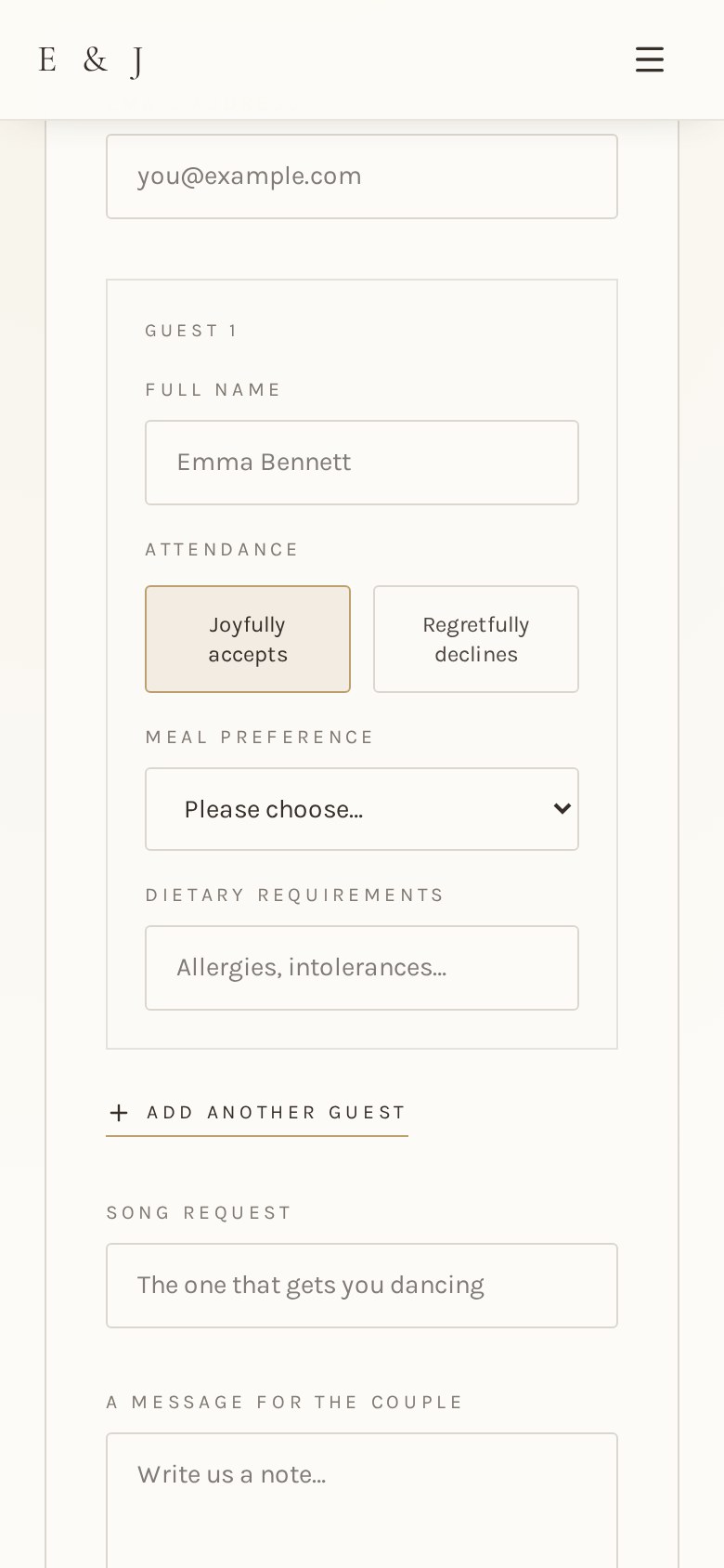 The RSVP form as guests see it on a phone