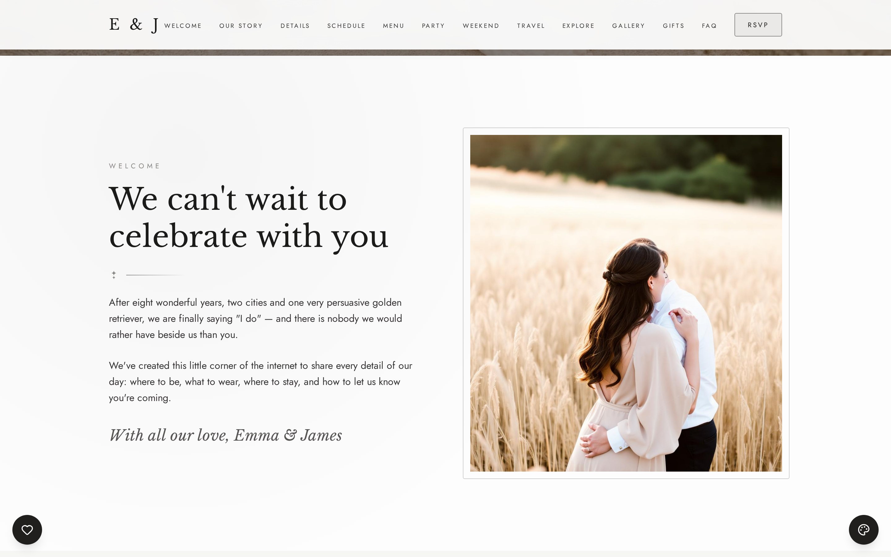 Modern Minimal wedding website design shown on a desktop screen