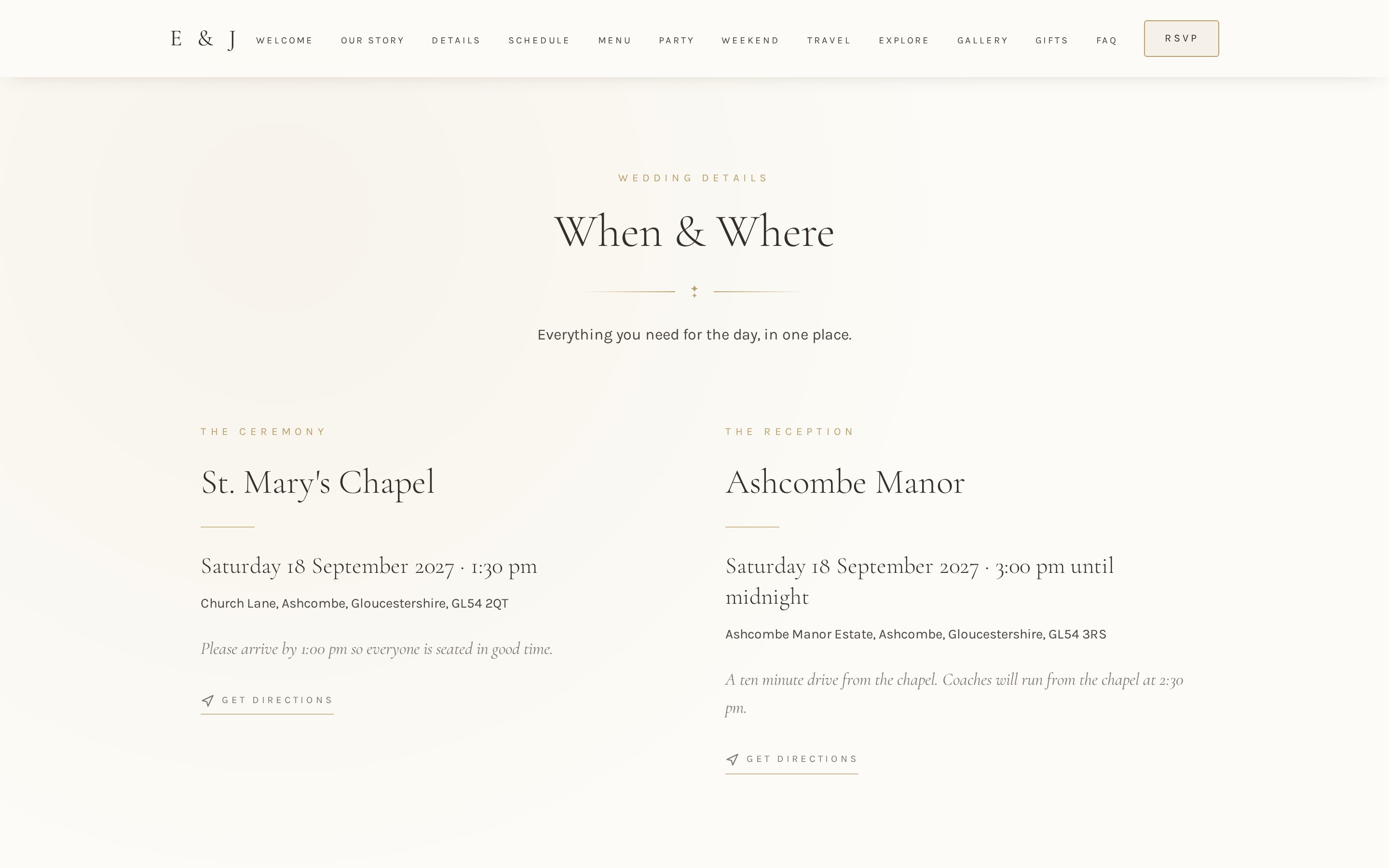 Wedding details section showing ceremony and reception information
